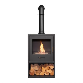 OKO S3 Bio Ethanol Stove with Log Storage in Charcoal Grey & Tall Angled Stove Pipe
