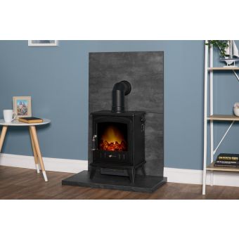 Acantha Tile & Hearth Set in Slate Venetian Plaster Effect with Aviemore Black Stove & Angled Pipe