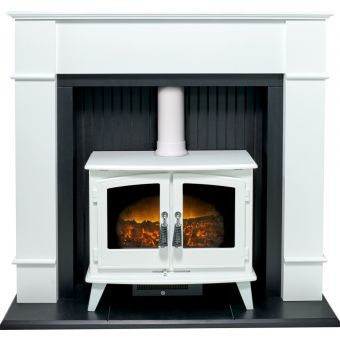 Adam Oxford Stove Fireplace in Pure White with Woodhouse White Electric Stove, 48 Inch