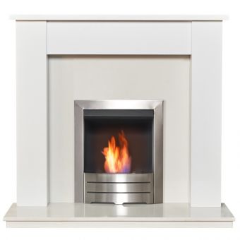 Adam Buxton Pure White & White Marble Fireplace with Colorado Bio Ethanol Fire in Brushed Steel, 48 Inch