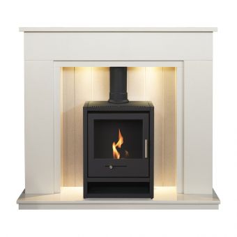 Acantha Larissa White & Grey Marble Stove Fireplace with Downlights & OKO S1 Bio Ethanol Stove in Charcoal Grey, 48 Inch