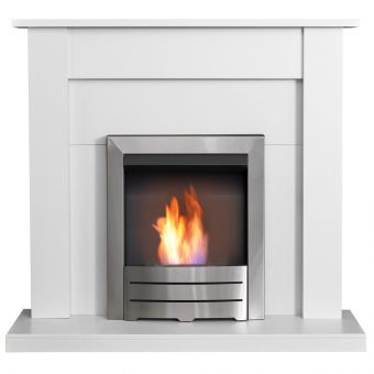Adam Sutton Fireplace in Pure White with Colorado Bio Ethanol Fire in Brushed Steel, 43 Inch