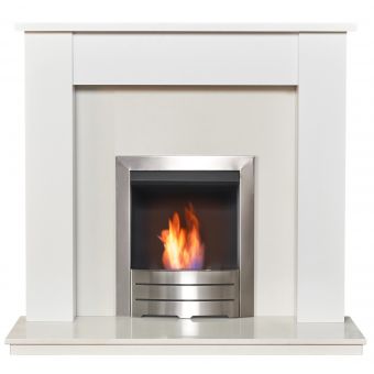 Adam Buxton Pure White & White Marble Fireplace with Colorado Bio Ethanol Fire in Brushed Steel, 48 Inch
