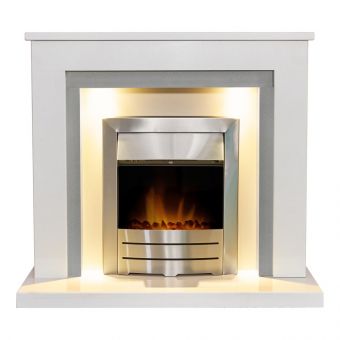 Acantha Dallas White & Grey Marble Fireplace with Downlights & Colorado Electric Fire in Brushed Steel, 42 Inch