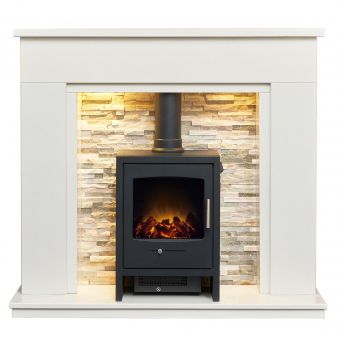 Acantha Amalfi White Marble Fireplace with Downlights & Bergen Electric Stove in Charcoal Grey, 48 Inch