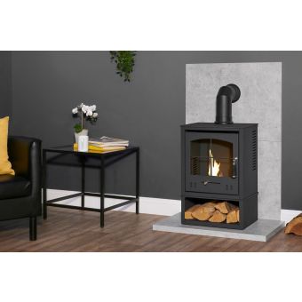 Acantha Tile & Hearth Set in Concrete Effect with OKO S2 Stove, Log Store & Angled Pipe