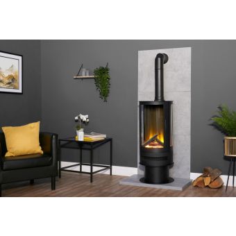 Acantha Tile & Hearth Set in Concrete Effect with Orbit Cylinder Stove & Tall Angled Pipe