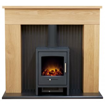 Adam Innsbruck Stove Fireplace in Oak with Bergen Electric Stove in Charcoal Grey, 45 Inch