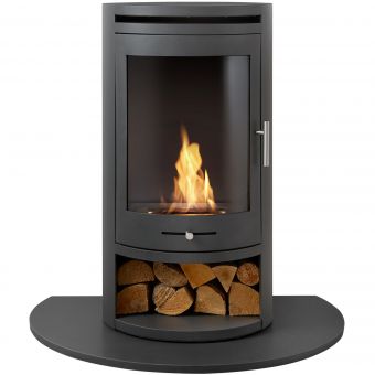 OKO S5 Bio ethanol Cylinder Stove with Log Storage & Truncated Hearth in Honed Black Granite