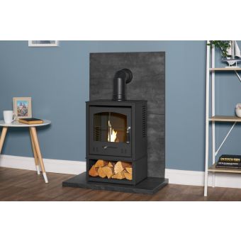 Acantha Tile & Hearth Set in Slate Venetian Plaster Effect with OKO S2 Stove, Log Store & Angled Pipe