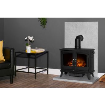 Acantha Tile & Hearth Set in Concrete Effect with Woodhouse Stove & Angled Pipe