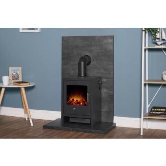 Acantha Tile & Hearth Set in Slate Venetian Plaster Effect with Bergen Stove & Angled Pipe