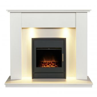 Adam Avila White Marble Fireplace with Alta Electric Inset Stove in Black, 48 Inch