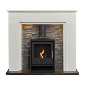 Acantha Rimini White Marble Fireplace with Downlights & OKO S1 Bio Ethanol Stove in Charcoal Grey, 48 Inch