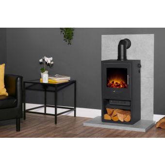 Acantha Tile & Hearth Set in Concrete Effect with Bergen XL Stove & Angled Pipe
