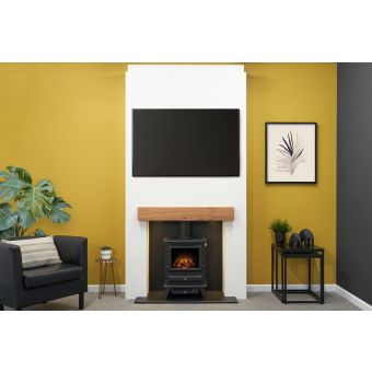 Acantha Pre-Built Stove Media Wall 1 with Hudson Electric Stove in Black