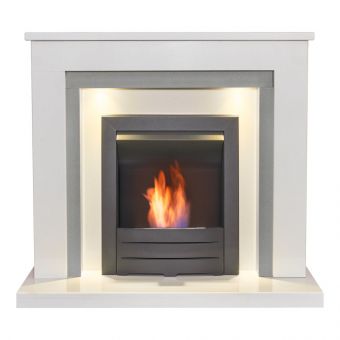 Acantha Dallas White & Grey Marble Fireplace with Downlights & Colorado Bio Ethanol Fire in Black, 42 Inch