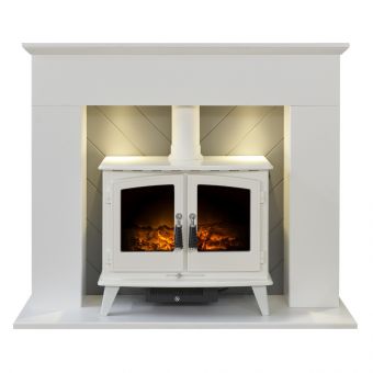 Adam Corinth Stove Fireplace in Pure White & Grey with Downlights & Woodhouse Electric Stove in Pure White, 48 Inch