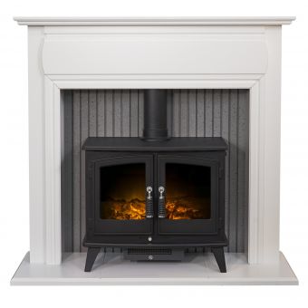 Adam Florence Stove Fireplace in Pure White with Woodhouse Electric Stove in Black, 48 Inch