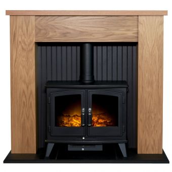 Adam New England Stove Fireplace in Oak & Black with Woodhouse Electric Stove in Black, 48 Inch
