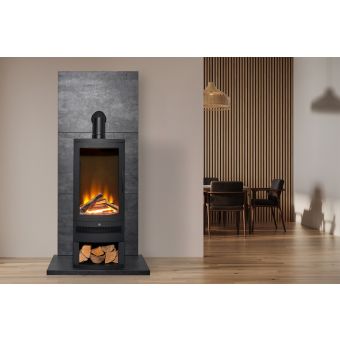 Acantha Tile & Hearth Set in Slate Effect with Horizon Black Stove & Log Storage