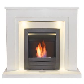 Acantha Dallas White Marble Fireplace with Downlights & Colorado Bio Ethanol Fire in Black, 42 Inch