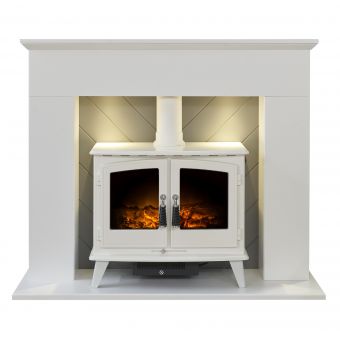 Adam Corinth Stove Fireplace in Pure White & Grey with Downlights & Woodhouse Electric Stove in Pure White, 48 Inch