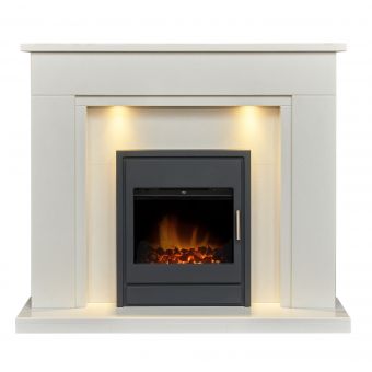 Acantha Maine White Marble Fireplace with Downlights & Alta Electric Inset Stove in Black, 48 Inch