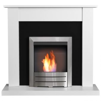 Adam Sutton Fireplace in Pure White & Black with Colorado Bio Ethanol Fire in Brushed Steel, 43 Inch