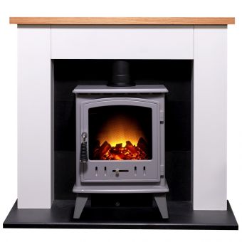 Adam Chester Stove Suite in Pure White with Aviemore Electric Stove in Grey Enamel, 39 Inch