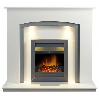Adam Savanna Fireplace in Pure White & Grey with Downlights & Vancouver Electric Fire in Black, 48 Inch