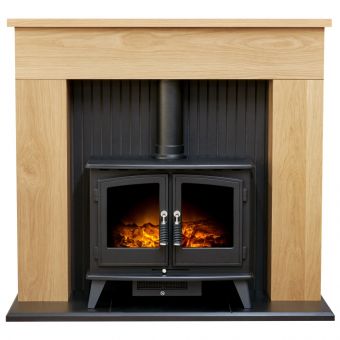 Adam Innsbruck Stove Fireplace in Oak with Woodhouse Electric Stove in Black, 45  Inch