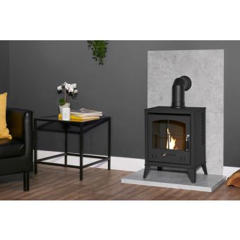 Acantha Tile & Hearth Set in Concrete Effect with OKO S2 Stove & Angled Pipe