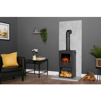Acantha Tile & Hearth Set in Concrete Effect with Bergen XL Stove & Tall Angled Pipe