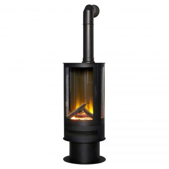Acantha Orbit Cylinder Electric Stove in Black with Tall Angled Stove Pipe in Black