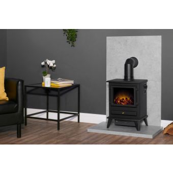 Acantha Tile & Hearth Set in Concrete Effect with Hudson Stove & Angled Pipe