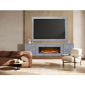 Acantha Orion XO Electric Floating Media Wall Suite in Concrete Effect with TV Board & Natural Oak Wall Panels