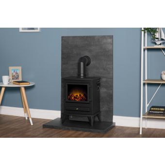 Acantha Tile & Hearth Set in Slate Venetian Plaster Effect with Hudson Stove & Angled Pipe