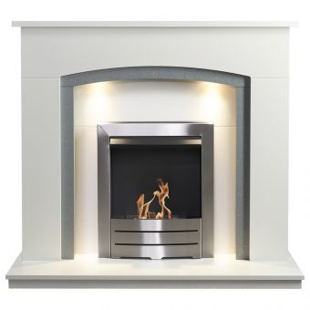 Adam Savanna Fireplace in Pure White & Grey with Downlights & Colorado Bio Ethanol Fire in Brushed Steel, 48 Inch