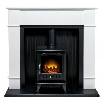 Adam Oxford Stove Fireplace in Pure White with Aviemore Electric Stove in Black, 48 Inch