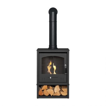 OKO S2 Bio Ethanol Stove with Log Storage in Charcoal Grey with Tall Angled Stove Pipe
