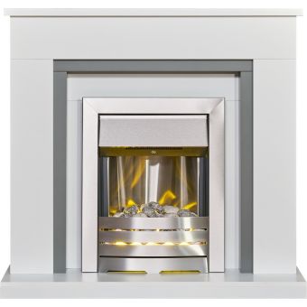 Adam Milan Fireplace in Pure White & Grey with Helios Electric Fire in Brushed Steel, 39 Inch