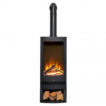 Acantha Horizon Electric Stove with Log Storage & Tall Angled Stove Pipe in Black
