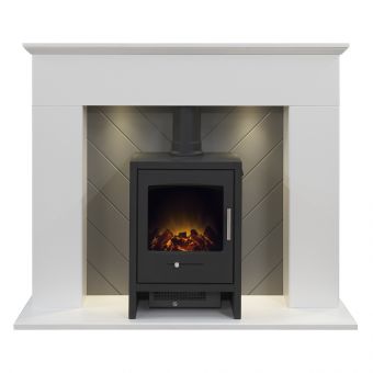 Adam Corinth Stove Fireplace in Pure White & Grey with Downlights & Bergen Electric Stove in Charcoal Grey, 48 Inch
