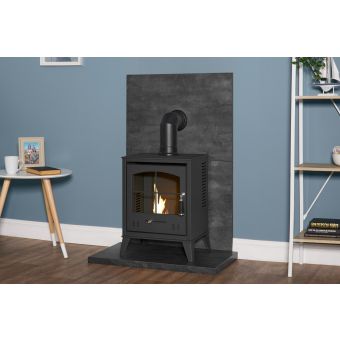 Acantha Tile & Hearth Set in Slate Venetian Plaster Effect with OKO S2 Stove & Angled Pipe