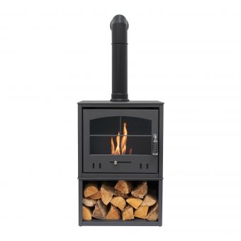 OKO S4 Bio Ethanol Stove with Log Storage in Charcoal Grey with Tall Angled Stove Pipe