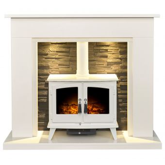 Acantha Miramar White Marble Stove Fireplace with Downlights & Woodhouse Electric Stove in White, 54 Inch