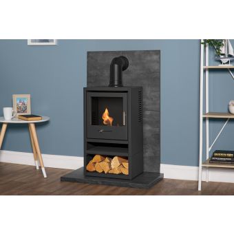 Acantha Tile & Hearth Set in Slate Venetian Plaster Effect with OKO S1 Stove, Log Store & Angled Pipe