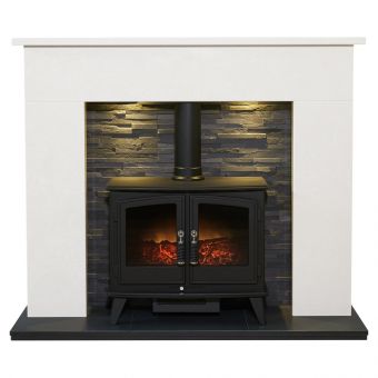 Acantha Toledo Perola Marble Fireplace with Woodhouse Electric Stove in Black & Downlights, 54 Inch