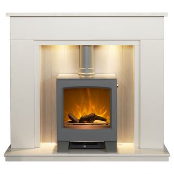 Acantha Larissa White & Grey Marble Stove Fireplace with Downlights & Lunar Electric Stove in Grey, 48 Inch
